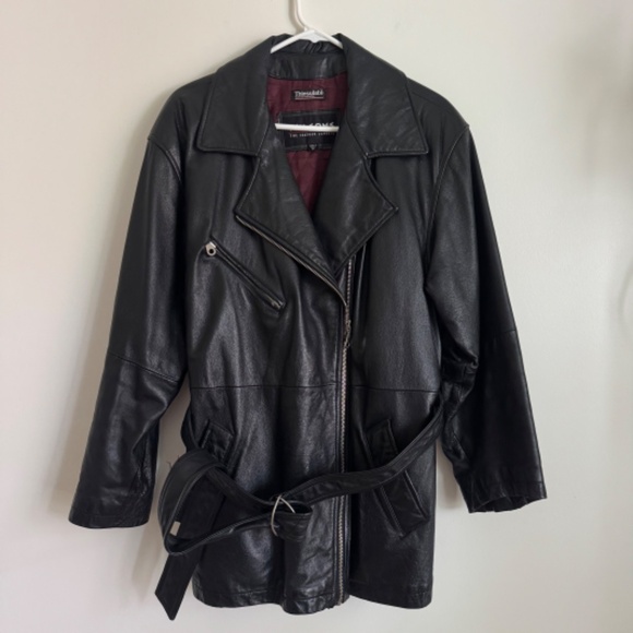 Vintage 90s Wilsons Leather Black Hip Length Zip Jacket with Belt | Size XL - Picture 4 of 10
